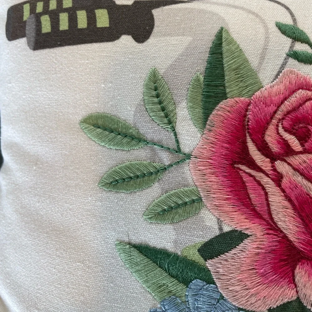 Embroidered Floral Bicycle Accent Pillow 16x16 - Picture 3 of 4